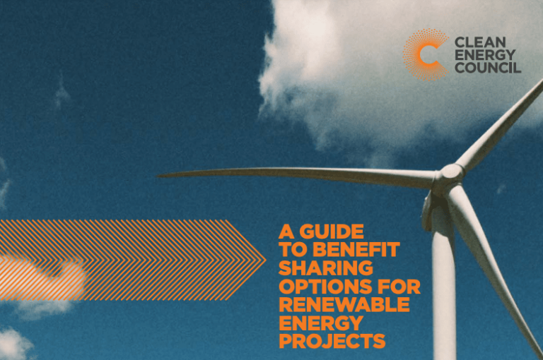 A wind turbine against a blue sky background with the Clean Energy Council logo